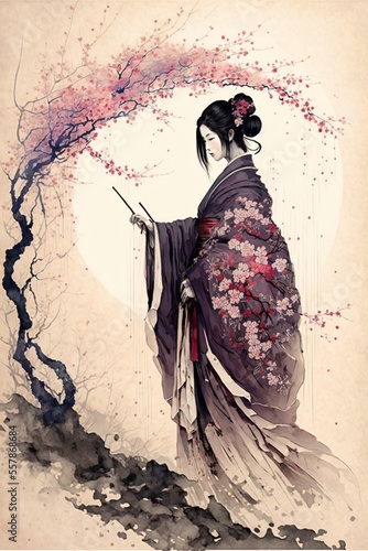 geisha with sakura flowers, japanese wall art, fictional person created with generative ai photo