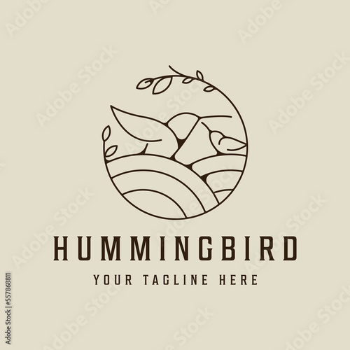 humming and little bird logo line art simple vector illustration template icon graphic design. animal sign or symbol for nature and wildlife concept with badge leaf