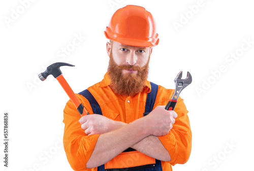 mechanic man with hammer and wrench isolated on white. mechanic man wear helmet in studio.