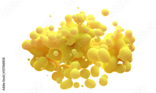 Digital abstract futuristic background of flying, flowing spheres, metaballs.  Yellow substance slime isolated on white background. Depth of field. 3D render