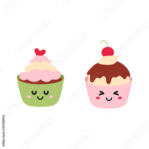 Cartoon cute cupcakes, with cream, vector illustration, cupcake stickers
