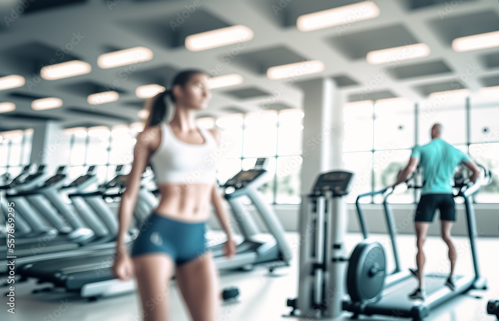Blurred photo of a gym with people on treadmills. Woman exercise workout in gym fitness . digital art
Blurred photo of a gym with people on treadmills. Woman exercise workout in gym fitness . digital art