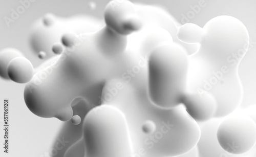 Digital abstract futuristic background of flying, flowing spheres, metaballs. White matte substance slime isolated on white background. Depth of field. 3D render