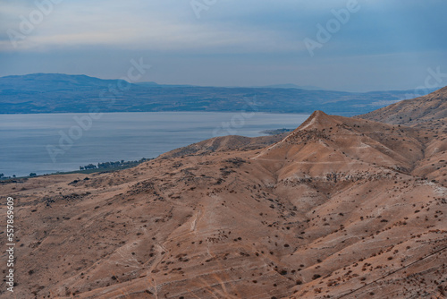 Kineret view from national park Hippus - Susita located on the hill on the Golan Heights in northern Israel on the Sea of Galilee. Traveling and hiking outdour nature concept