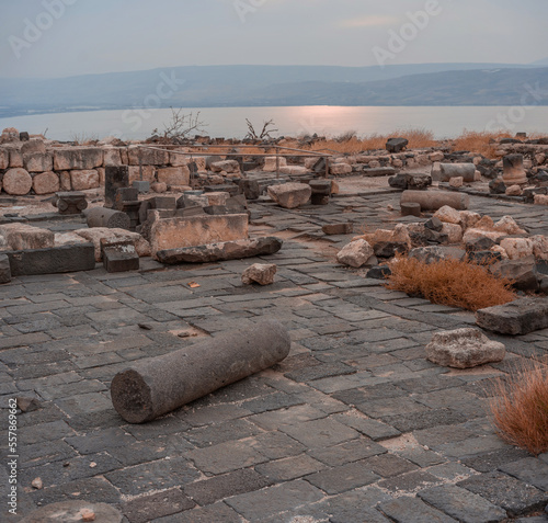 Antient antique columns. Ruins of the Greek - Roman city Hippos - Susita located on Golan Heights hill in northern Israel on the Sea of Galilee photo