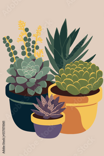 potted plants succulents flat color vector style background poster art print