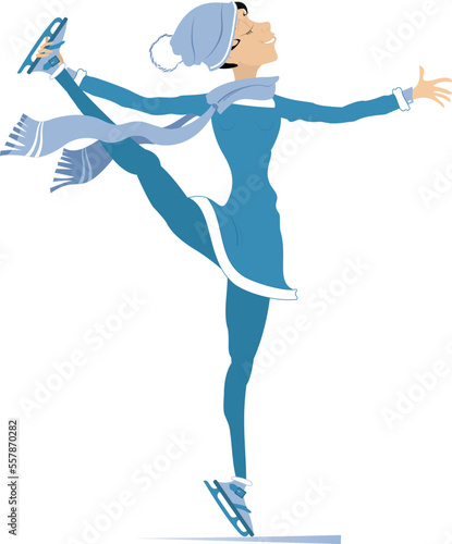 Skating young woman illustration. 
Winter sport. Skating young woman in blue clothes. Isolated on white background
