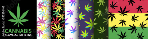 Cannabis Seamless Pattern Collection. 420 Psychedelic graphic vector set. Marijuana inspired design pack. 3D Pot silhouettes. Reggae background with cannabis leaves. Textile visual content.