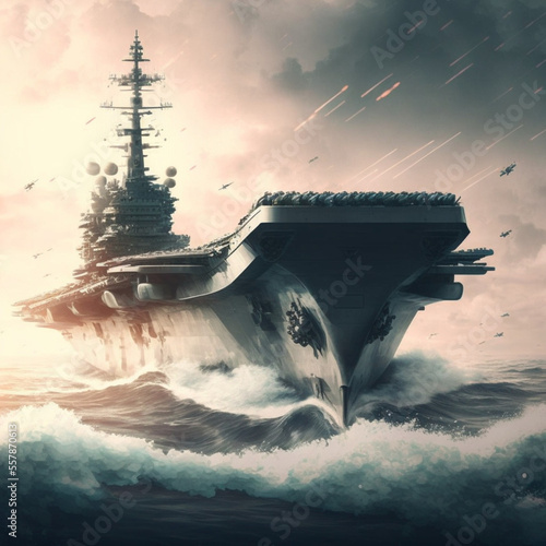 Aircraft carrier at sea and fighters flying. Generative AI.