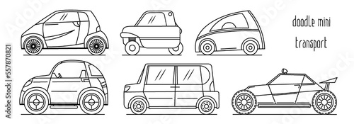 Vector set of simple hand drawn doodle mini vehicles. Contour simple runabouts on a white background. Small urban transport.