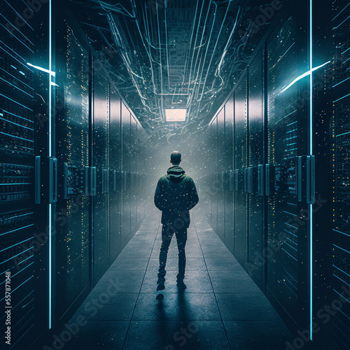 IT engineer man in a data base center. Generative AI.