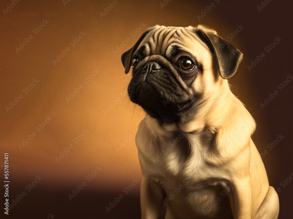 Studio portrait of a Pug dog on a brown background. Generative AI.