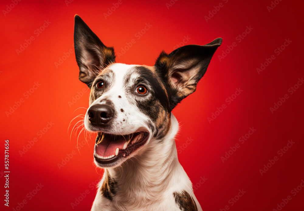 Studio portrait of a mixed breed dog on a red background. Generative AI.