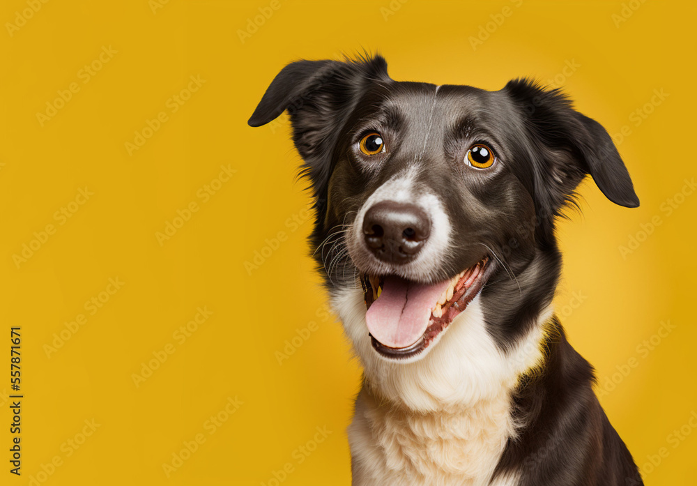 Studio portrait of a mixed breed dog on a yellow background. Generative AI. Studio portrait of a mixed breed dog on a yellow background. Generative AI.
