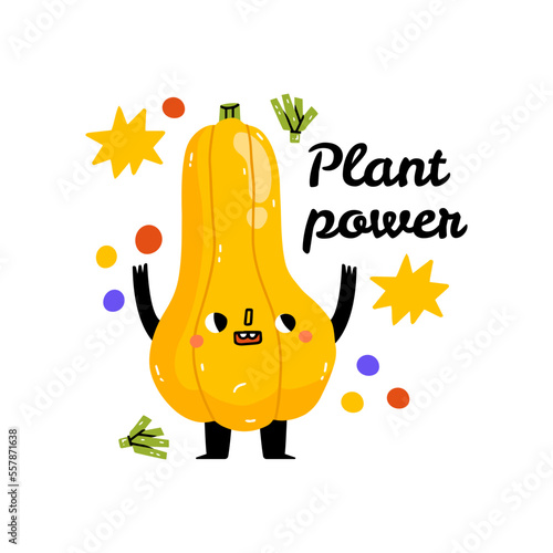 Plant power. Funny food puns phrase with yellow pumpkin. Cute vegetable character with funny kawaii face. Hand drawn cartoon cute illustration for stickers, posters, wall art. Summer print