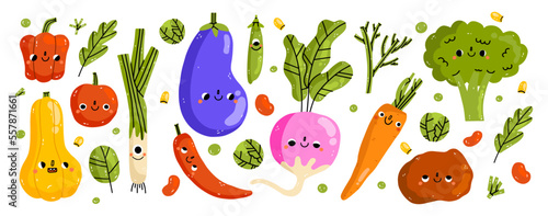 Cute vegetable characters with funny kawaii faces. Happy smiling healthy food set. Fun pumpkin, pepper, radish, potato. Kids flat graphic vector illustration isolated on white background