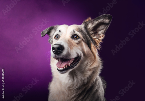 Studio portrait of a mixed breed dog on a purple background. Generative AI.