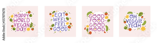 Set of 4 motivation quote for your card, banner, poster. Vegetarian, vegan design element. Motivational healthy lifestyle typographic phrase. Hand draw illustration
