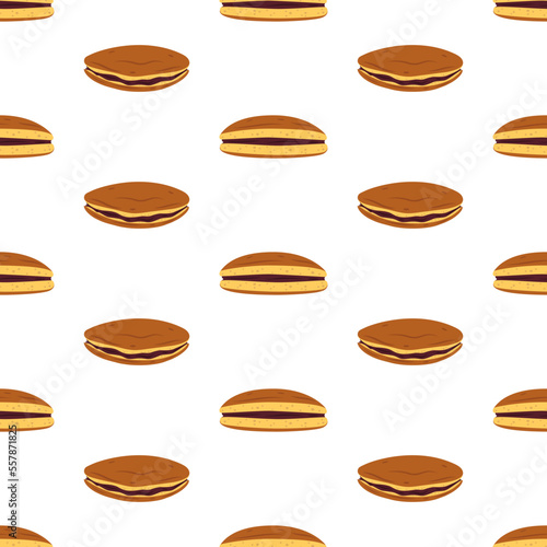 Vector seamless pattern with whole and half dorayaki pancakes with brown azuki bean paste. White background with japanese traditional dessert. Asian food.