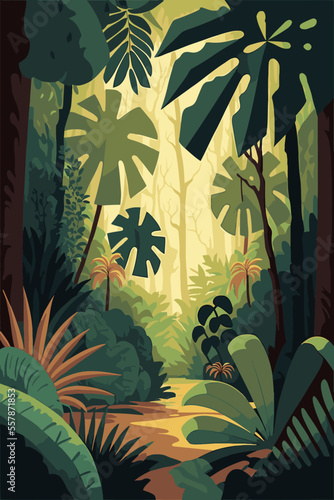 Jungle background Vector flat color cartoon illustration. Bright jungle in the morning