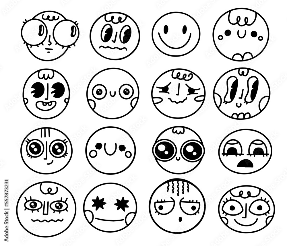 Round abstract comic Faces with various Emotions.Old cartoon mascot character elements. Crayon drawing style. Cartoon style. Flat design. Hand drawn trendy Vector illustration. Every face is isolated. Round abstract comic Faces with various Emotions.Old cartoon mascot character elements. Crayon drawing style. Cartoon style. Flat design. Hand drawn trendy Vector illustration. Every face is isolated.