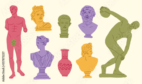 Set of ancient greek statue and classic vintage monument shapes in bright color. Greece culture antique illustration collection. Historical flat cartoon drawing bundle.Antique art design elements