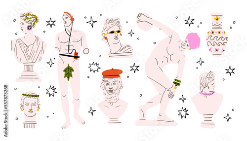 Set of  greece statue with modern element on bright background.T-shirt print design template.Greece culture antique illustration collection. Historical flat cartoon drawing bundle.Antique art elements