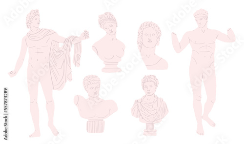 Set of greece statue on wight background.Greece culture antique illustration collection. Historical flat cartoon drawing bundle.Antique art design elements.Vector hand drawn illustrations of antique 