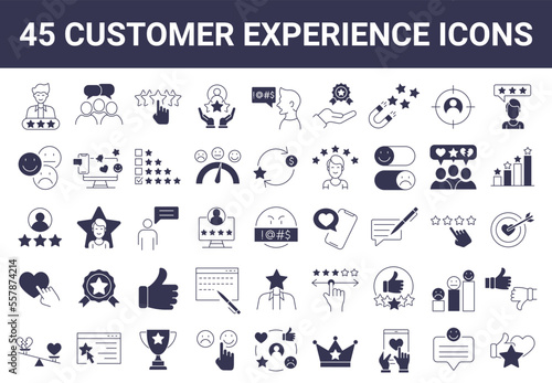 Set of 45 line Customer experience, review t,estimonials, feedback, social network  icons.  Modern graphic design concepts, simple outline elements collection. Editable stroke. Vector illustration