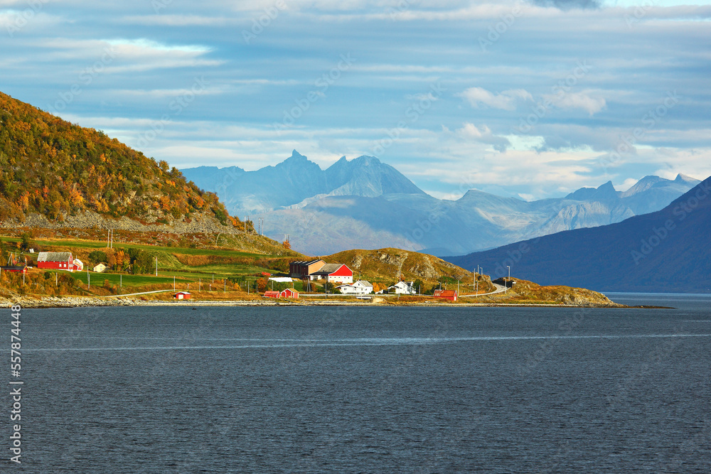 Naklejka premium Fjord with rocky shores in autumn in Norway