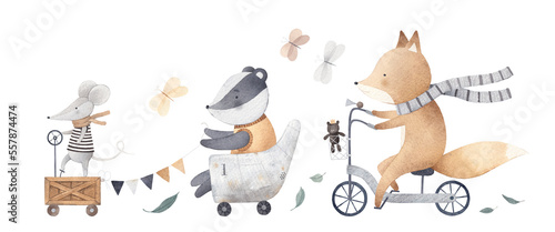 Mouse, badger and fox go on a trip. Beautiful stock illustration with watercolor hand drawn cute animals on transport. Watercolor set. Baby postcard.