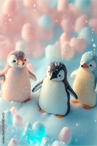 Pingouins mignons de couleur pastel 3D, carte d'anniversaire, affiche - IA générative