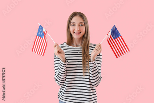 Beautiful woman with USA fl...