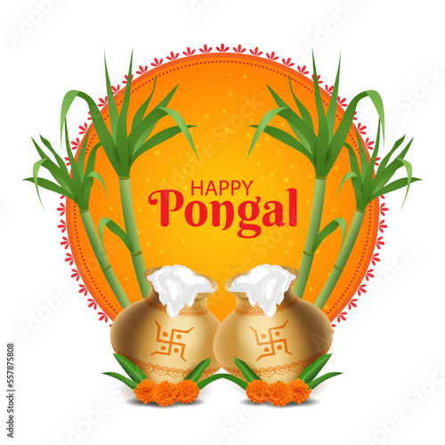 Happy Pongal Poster Vector Illustration. Traditional South India Festival. Sun Mandala, Sugarcane, rice pudding in pot graphic background. Social media post, promotion, greeting card, invite, website