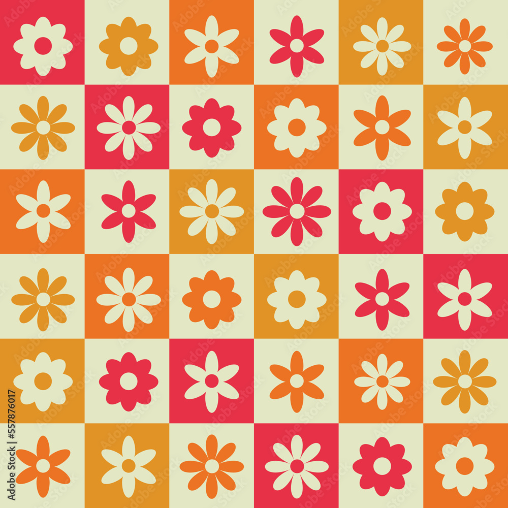 Cute retro flowers seamless pattern on red, orange, yellow and beige checkerboard. For stationary, textile and home decor 