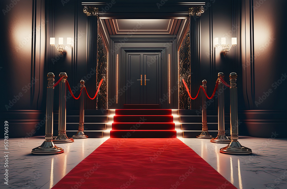 VIP luxury entrance with red carpet. Postproducted generative AI digital illustration. - obrazy, fototapety, plakaty 
