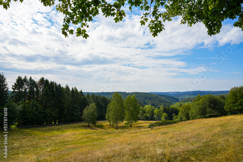 Nature near Clausthal-Zellerfeld. Landscape with hills in Harz Mountains with surrounding green nature and forests. 