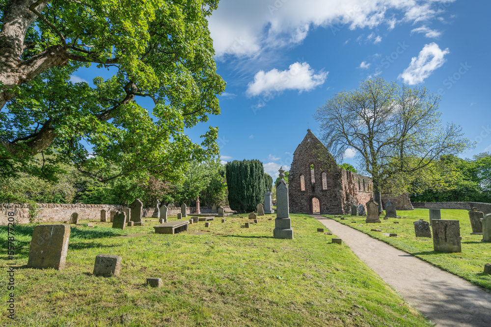 Wide-angle view across the cemetery of the remains of Beauly Priory (established 1230 AD), Inverness-shire