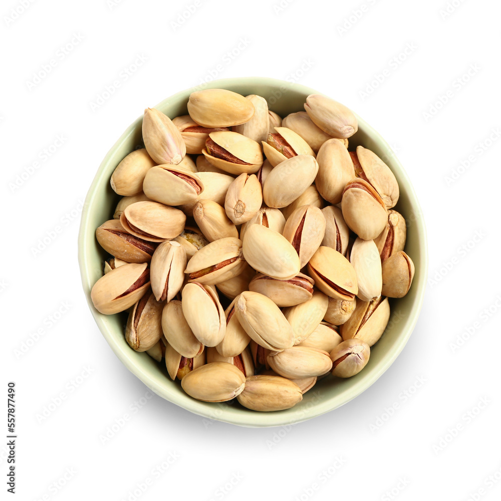 Bowl with tasty pistachio nuts isolated on white background Bowl with tasty pistachio nuts isolated on white background