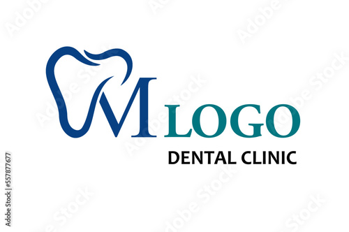 Initial Letter M with Tooth Line Art Icon for Dental Health Care and Dental Clinic, Dentistry Business Logo Idea Template