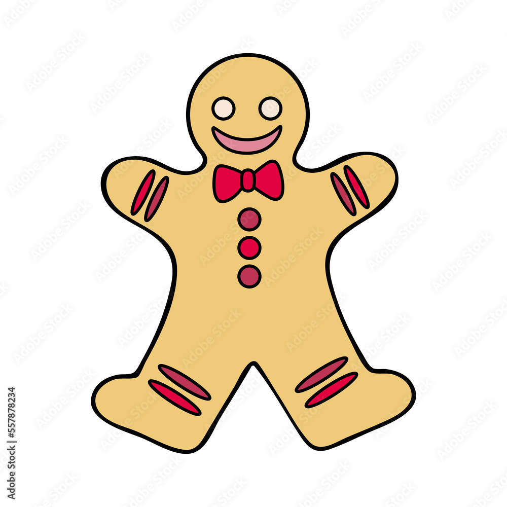Gingerbread man in bow tie. Christmas sweet cookies. Happy New Year. Viva Mangenta. Hand drawn flat illustration. Gingerbread man in bow tie. Christmas sweet cookies. Happy New Year. Viva Mangenta. Hand drawn flat illustration.