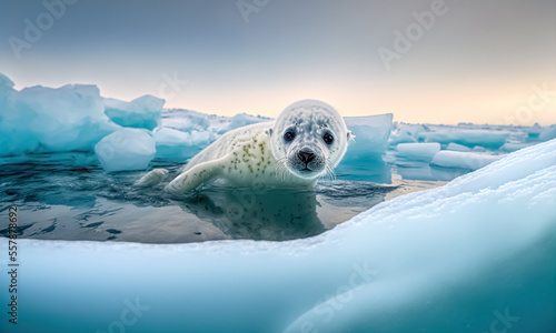 Harp seal pup among the ice in the White Sea. digital art