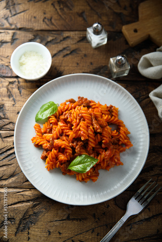 Pasta with minced meat and tomato sauce