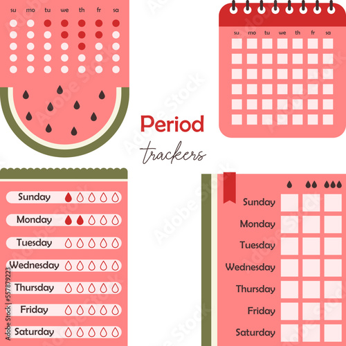 Period trackers. Digital stickers for bullet journaling or planning. Ready to use digital stickers for planner. Woman's health tracker. Vector art.