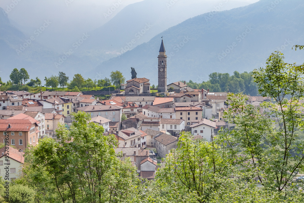 Top view of Fusea village surrounding mountain landscape in Friuli Venezia Giulia, Italy