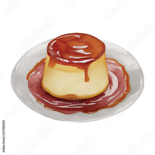 caramel pudding hand drawn with watercolor painting style illustration