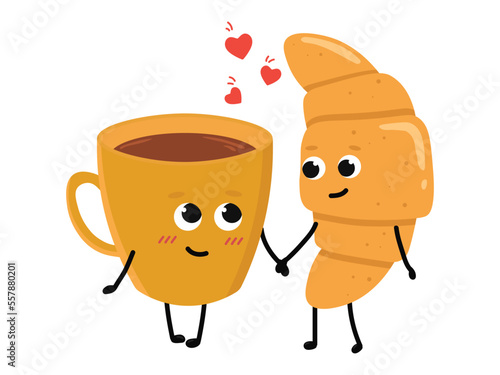 Cute cup of tea and croissant falling in love. Love and Valentine's Day concept. Illustration isolated on white background.