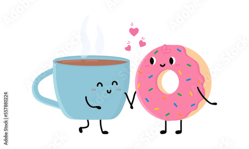Cute cup of tea and donut falling in love. Love and Valentine's Day concept. Illustration isolated on white background.