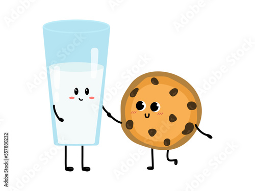Сute glass of milk and cookie falling in love. Love and Valentine's Day concept. Illustration isolated on white background.