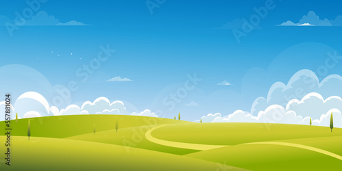 Spring Background with Green Grass Field Landscape with Mountain Blue Sky and Clouds Panorama Summer rural nature in with grass land on hill.Cartoon vector illustration backdrop banner for Easter